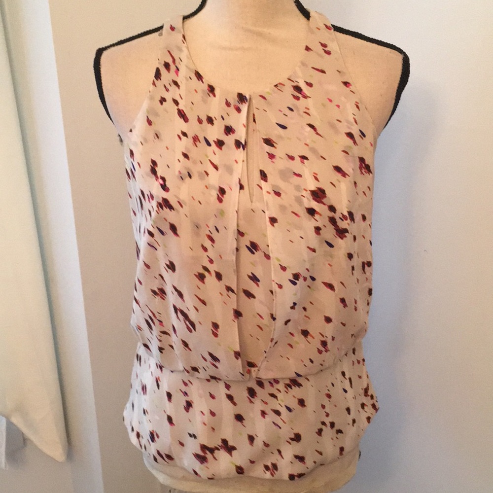 Beige Floral Print Sleeveless Blouse